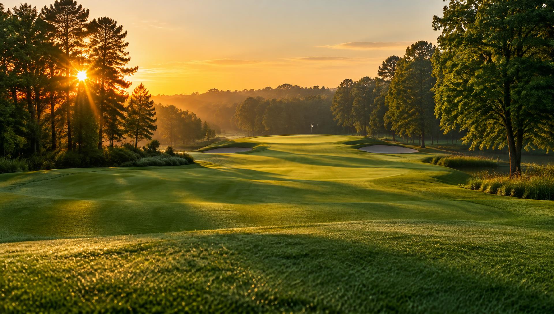 A golf course fairway at sunrise